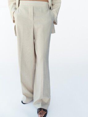 ZARA Beige Linen Wide-Leg Trousers XS | NWT $59 | Perfect Summer Staple